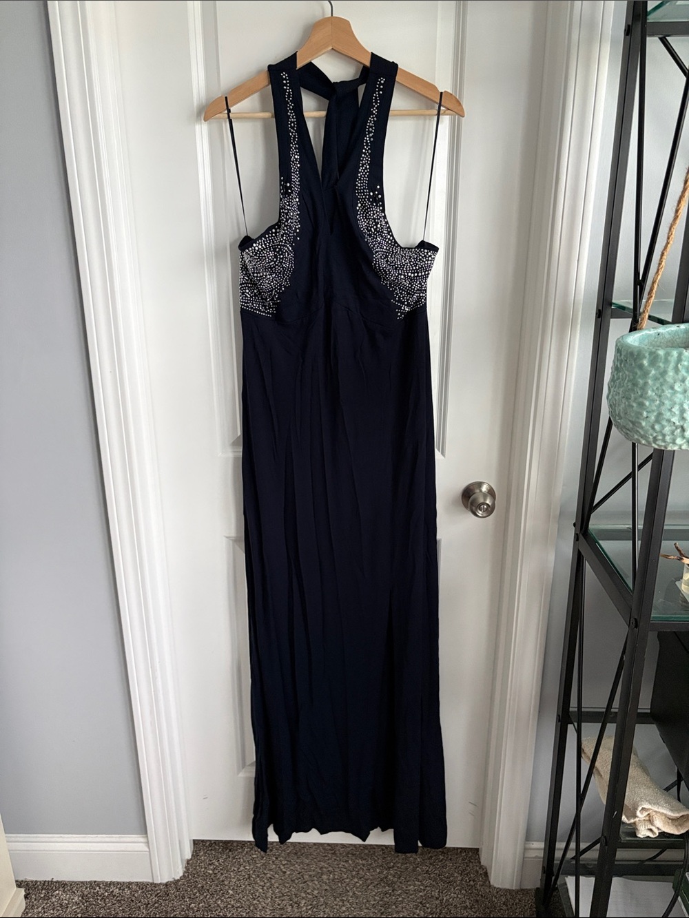 Cache Navy Evening Dress with Crystal Embellishment